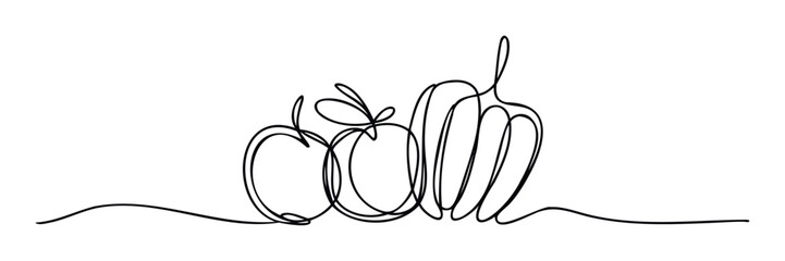 Continuous single line drawing of two apples and a pumpkin representing a healthy diet and the autumn harvest, suitable for culinary websites or health and wellness presentations