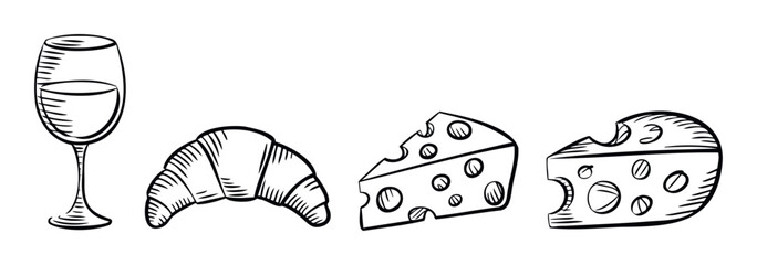 Elegant monochrome drawing showcasing a sophisticated wine glass, a classic French croissant, and savory cheese wedges, ideal for restaurant menus, food packaging, or gourmet advertisements.