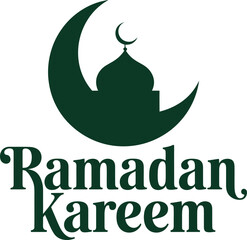Dark green crescent moon and mosque silhouette with Ramadan Kareem text