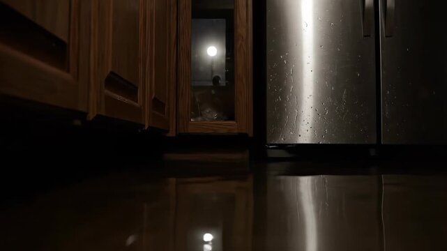 Dark kitchen floor flood damage shows water pooling near stainless steel refrigerator and wooden cabinets, concept for home repairs, restoration service and flood warnings