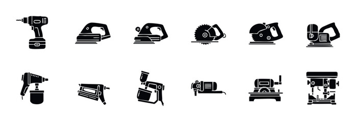 Collection of essential power tools and construction equipment icons for DIY projects, home improvement guides, workshop safety information, and hardware store promotions