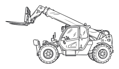 Heavy duty telehandler construction equipment with an extended boom and forks presented as a clear outline drawing perfect for coloring books or technical diagrams and educational content