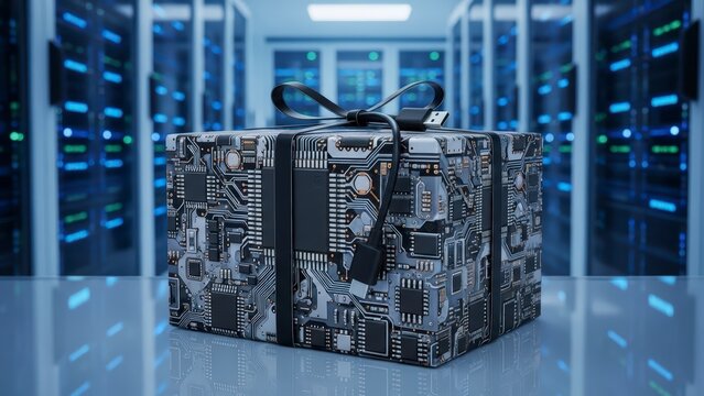 Gift Box Wrapped in Circuit Board Design in Server Room. - Powered by Adobe