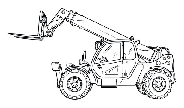 Heavy duty telehandler construction equipment with an extended boom and forks presented as a clear outline drawing perfect for coloring books or technical diagrams and educational content