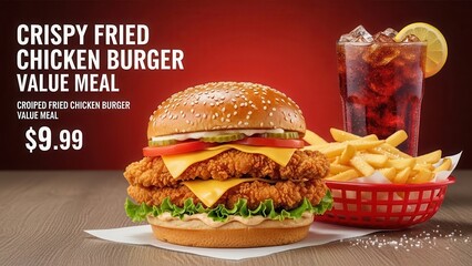 Front view restaurant menu promotion displaying crispy fried chicken burger value meal with appetizing presentation