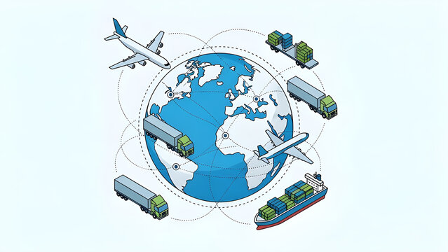 Global Logistics Network Isometric Illustration with Air, Sea, and Land Transport