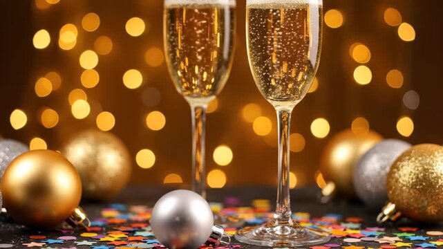 Two flutes of sparkling champagne and festive gold ornaments against warm golden bokeh lights, concept for luxury celebration, seasonal marketing and Christmas party invitation