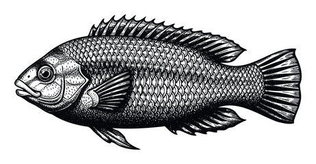 Obraz premium Detailed woodcut style illustration of a freshwater fish, perfect for angling publications, seafood packaging, and educational resources on marine biology