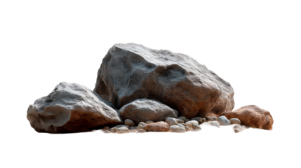 A natural grouping of rugged boulders and smooth stones resting on a soft sandy beach, perfect for outdoor environment simulations, geological studies, or architectural landscape renderings