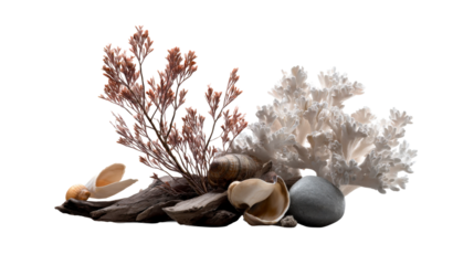 Natural coastal arrangement featuring dried sea plant, white coral, various seashells, smooth stone, and driftwood, perfect for evoking a serene ocean environment or marine nature display