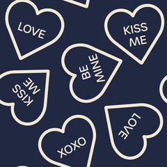 シンプルなハートと愛の文言が書かれたブラックネイビーとベージュのシームレスパターン