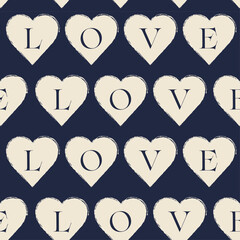 落ち着いたクールなブラックネイビーの背景色に手書きのかすれたハートとLOVEの文字入りシームレス背景素材