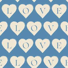 優しいおしゃれなくすみブルーの背景色に手書きのかすれたハートとLOVEの文字入りシームレス背景素材