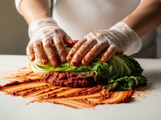 Person in gloves preparing kimchi on a white table with cabbage and red paste