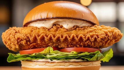 Commercial close up perspective of fried chicken burger emphasizing crispy texture and appetizing details