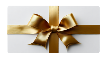 Elegant white gift box or luxurious present wrapped with a shiny golden ribbon and a festive bow, perfect for holiday greetings, celebrations, special occasions, and premium product