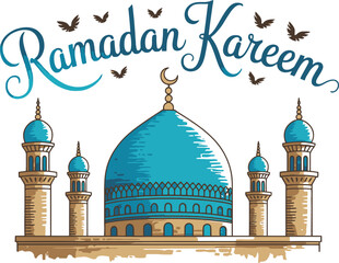 Ramadan Kareem calligraphy with mosque and birds islamic