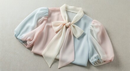 Pastel Rainbow Tie-Neck Blouse with Sheer Sleeves on Neutral Background.