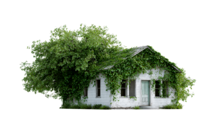 An old dilapidated house with white siding is completely overgrown with lush green ivy and a large leafy tree, offering a poignant visual for themes of nature reclaiming structures and