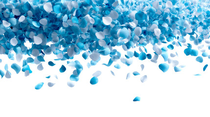 Falling blue and white petals creating a delicate and serene visual for wedding invitations, baby shower announcements, or peaceful seasonal promotions