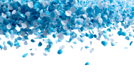 Falling blue and white petals creating a delicate and serene visual for wedding invitations, baby shower announcements, or peaceful seasonal promotions