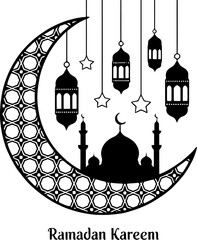 Black crescent moon mosque lanterns and stars Ramadan Kareem