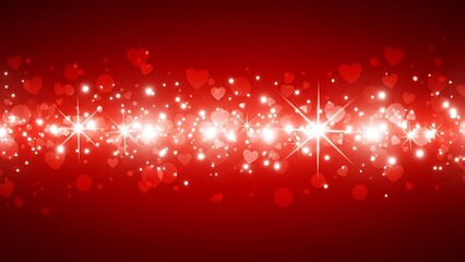 Romantic red background with sparkling hearts and lights