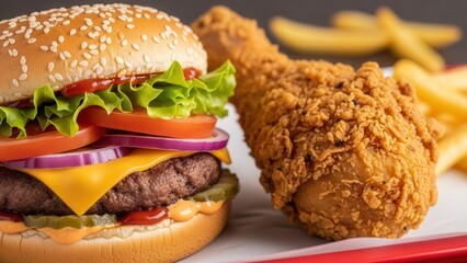 Close range perspective emphasizing juicy burger and crispy fried chicken for value meal advertising