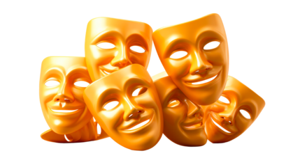 A collection of shiny golden theatrical comedy masks representing diverse human emotions and expressions, perfect for themes of performing arts, drama, entertainment, and achievement