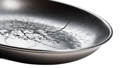 Close up of a metallic pan interior with a heavily cracked and peeling gray surface, resembling dry earth, ideal for abstract backgrounds or conceptual themes of decay and damage