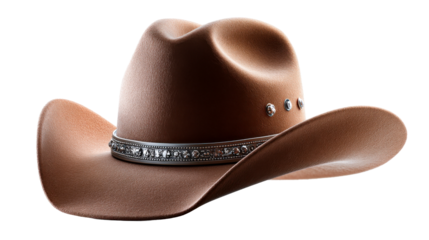 Traditional brown felt cowboy hat showcasing a richly decorated silvertoned band adorned with various patterns and metal studs, perfect for Western fashion and cultural accessory displays