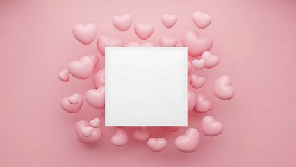 Obraz premium Blank card surrounded by pink hearts on pink background
