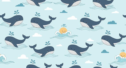 Fototapeta premium Adorable seamless pattern of happy blue whales and a small yellow whale jumping through ocean waves under white clouds.