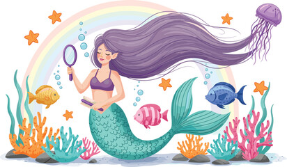 Beautiful cartoon mermaid underwater with fish coral rainbow and jellyfish magical ocean fantasy illustration © Sumon Creative
