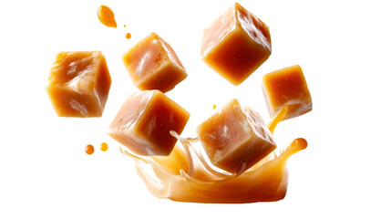 Delicious caramel candy cubes dropping into a sweet sticky liquid splash, perfect for dessert promotions or confectionery product packaging