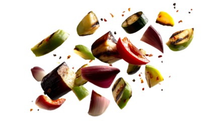 Appetizing grilled vegetables featuring bell peppers eggplant zucchini and red onion with aromatic spices dynamically suspended in motion ideal for culinary and healthy eating concepts