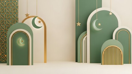 A professional 3D render of an Islamic celebration background featuring a crescent moon, stars, lanterns (fanous), and a podium for product placement. Perfect for Eid al-Fitr or Ramadan greeting cards