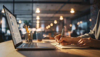 Professional Business Workspace with Laptop and Handwriting Notes in Modern Office Environment