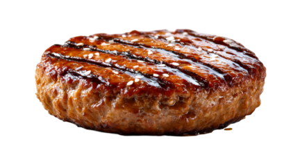 Delicious grilled meat patty glazed with savory sauce and sprinkled with sesame seeds perfect for restaurant menus and food blogs