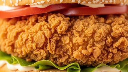 Macro perspective highlighting crunchy texture of fried chicken burger for fast food marketing visuals