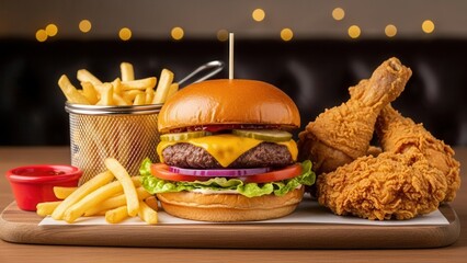 Balanced front angle perspective restaurant promotion visual with burger fried chicken and fries