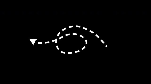 Single white dotted line curving with an arrow on transparent background, 4k video. White curved arrow variation