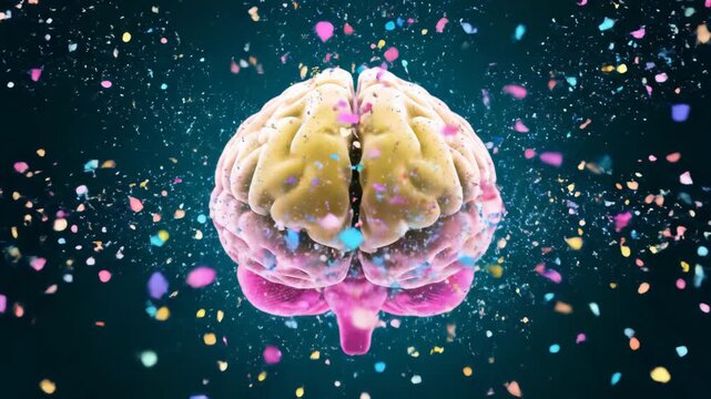 Vivid 3D brain model exploding with colorful particles on a dark background, representing creativity and ideas, concept for neuroscience, mental health promotion and innovative education