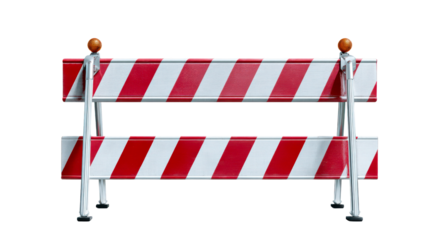 Brightly colored safety barrier with distinctive red and white diagonal stripes and flashing orange warning lights used to block access during road construction or at a building site