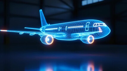 Detailed blue wireframe 3D model of a commercial passenger jet displayed in a dark hangar environment, concept for aviation engineering, digital prototyping and futuristic technology - Powered by Adobe