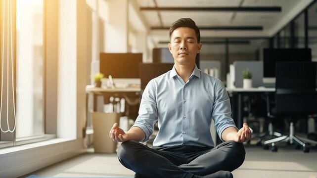 Calm Asian Male Practicing Meditation in Modern Office Space for Stress Relief and Focus
