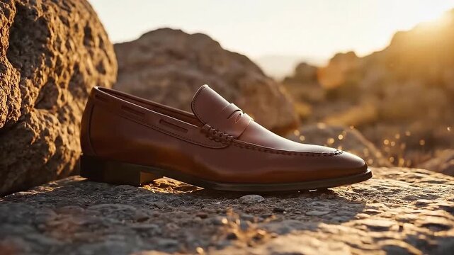 Brown leather loafer on rocky terrain