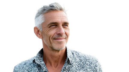 Confident mature man with gray hair smiling sincerely and looking away, perfect for campaigns promoting happy senior lifestyles or retirement planning, representing authentic wellness and