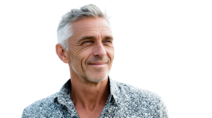 Confident mature man with gray hair smiling sincerely and looking away, perfect for campaigns promoting happy senior lifestyles or retirement planning, representing authentic wellness and