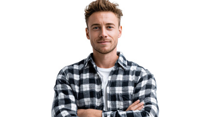 Obraz premium Portrait of a handsome confident young man with a friendly smile wearing a casual black and white plaid shirt perfect for diverse lifestyle and marketing projects